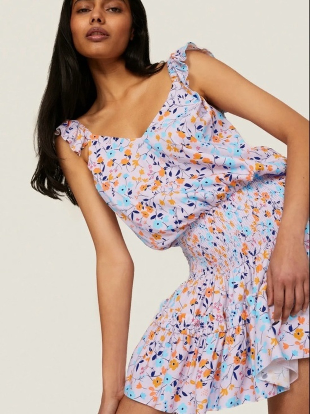 Ramy Brook Lavender Floral Smocked Mini Dress Blue & Orange Flowers Size Small